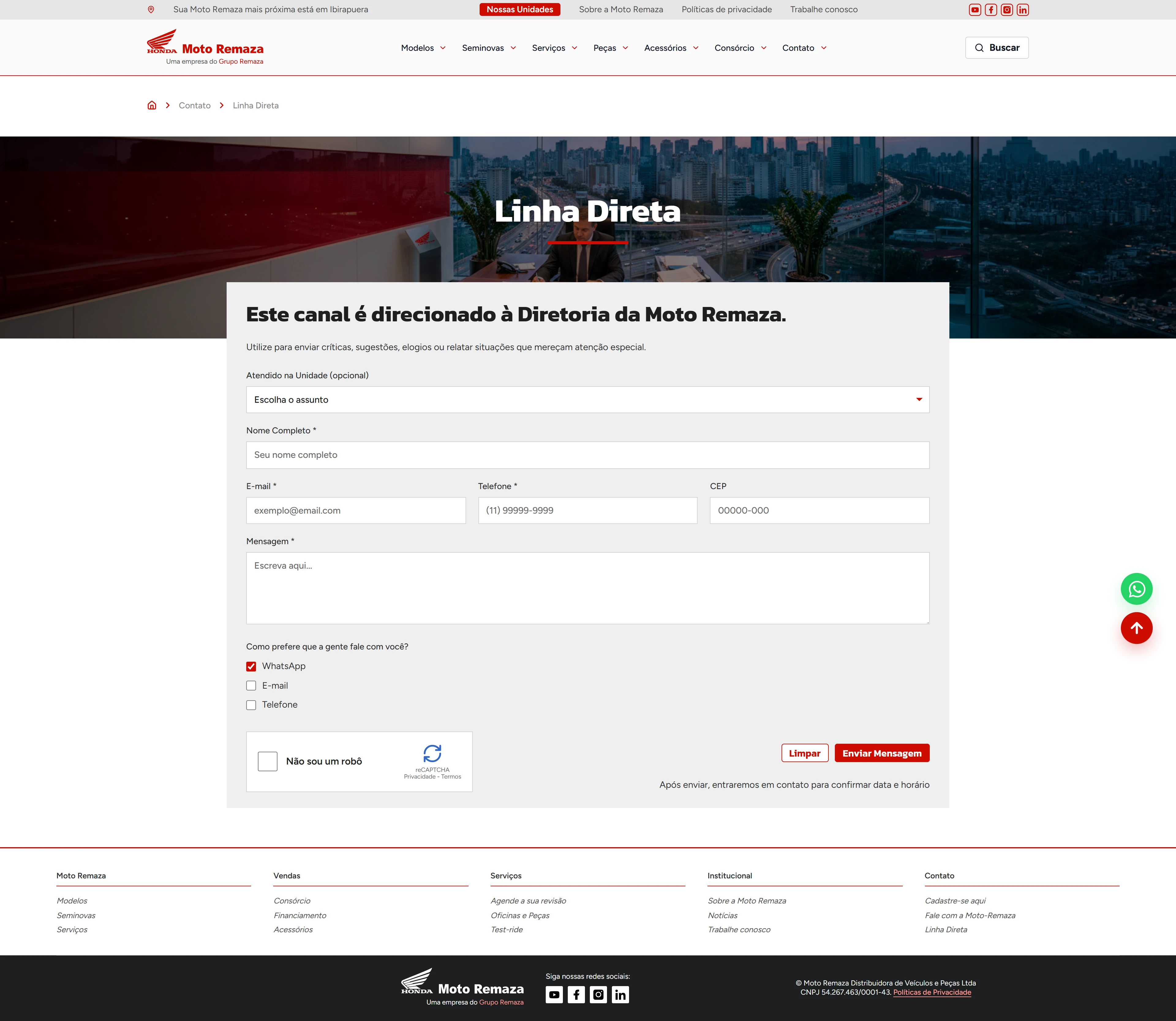 Canal de comunicação com a diretoria no site Moto Remaza
